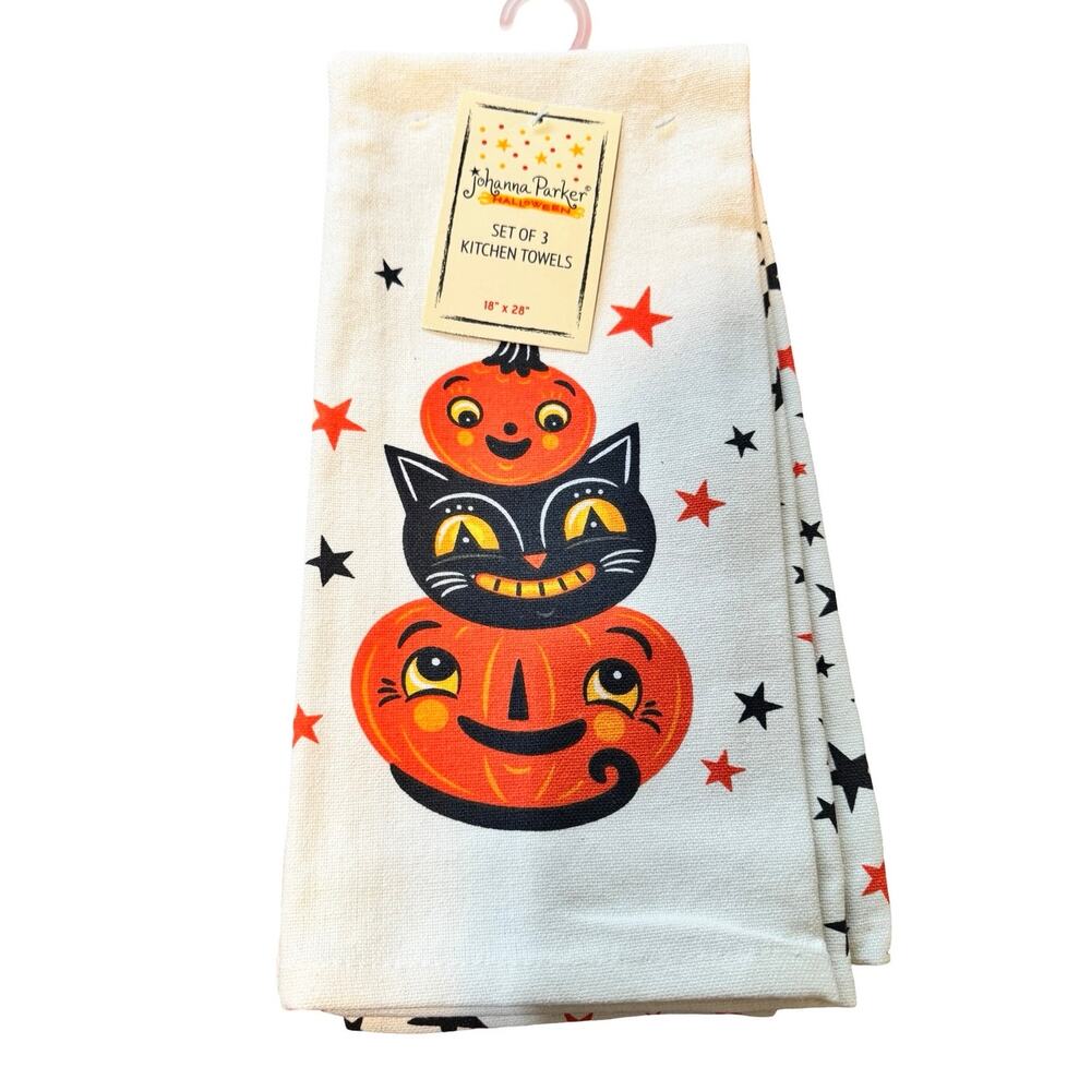 Johanna Parker set of 3 Pumpkin & Cat Kitchen Towels